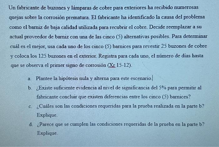 Un fabricante de buzones y lámparas de cobre para exteriores ha recibido numerosas quejas sobre la corrosión prematura. El fa