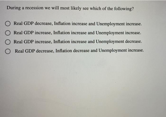 Solved During a recession we will most likely see which of | Chegg.com