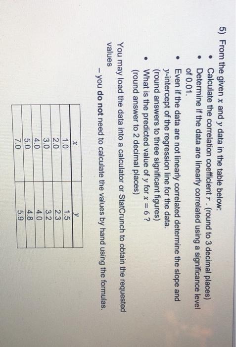 Solved 5) From the given x and y data in the table below: • | Chegg.com