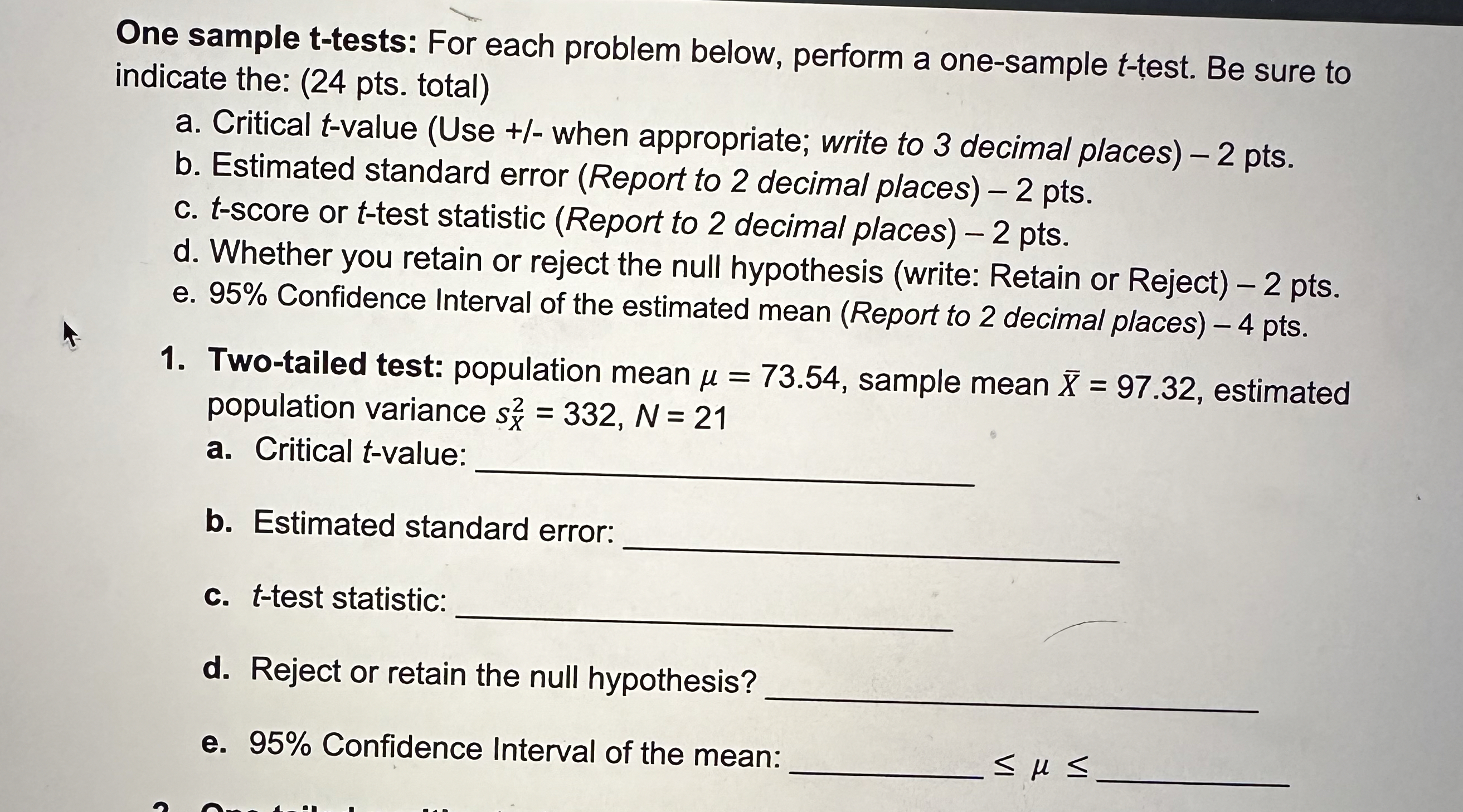 One sample t-tests: For each problem below, perform a | Chegg.com
