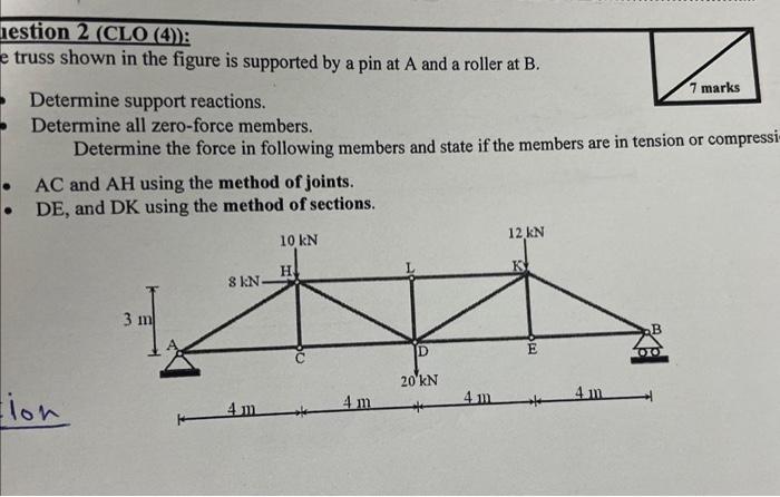 Solved 1estion 2( CLO (4)): truss shown in the figure is | Chegg.com