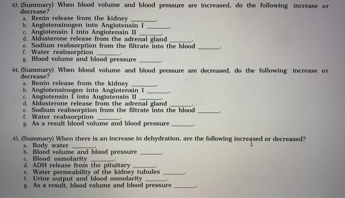 Solved 43. (Summary) When blood volume and blood pressure | Chegg.com