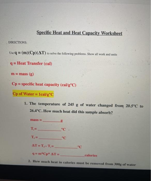 Solved Specific Heat and Heat Capacity Worksheet DIRECTIONS