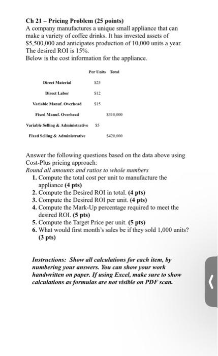 Solved Ch 21 - Pricing Problem (25 points) A company | Chegg.com