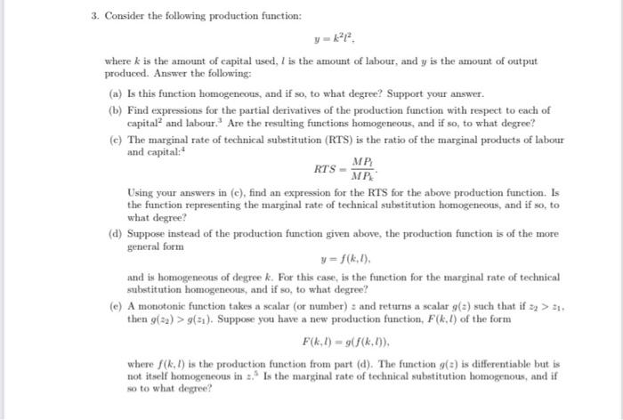 Solved 3. Consider the following production function: y - | Chegg.com