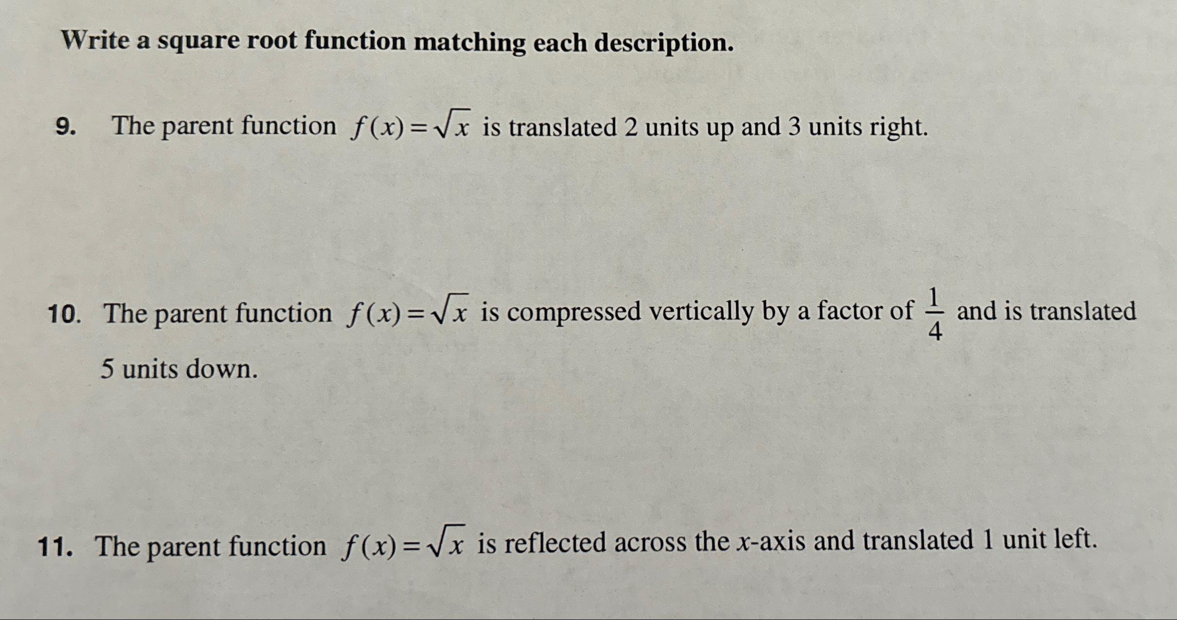 Solved Write a square root function matching each | Chegg.com