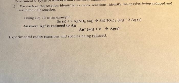 Solved 2. For each of the reaction identified as redox | Chegg.com