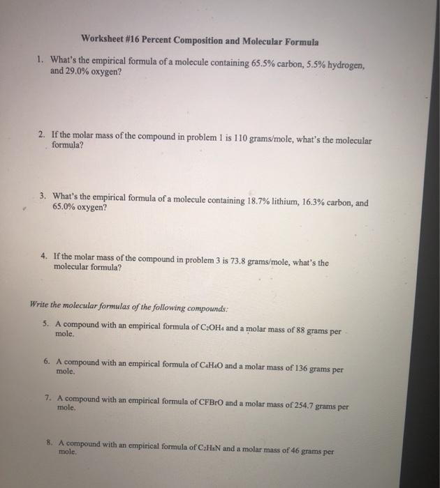 Solved Worksheet #16 Percent Composition and Molecular | Chegg.com