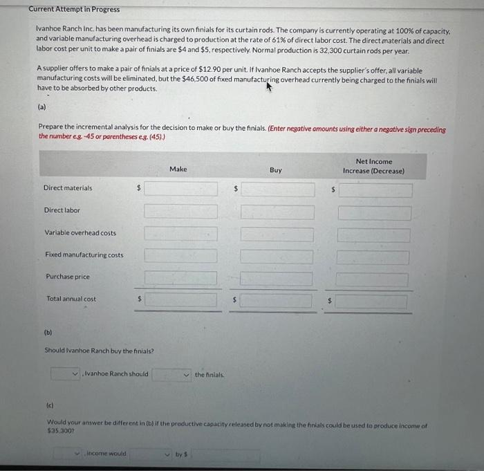 Solved Ivanhoe Ranch Inc, has been manufacturing its own