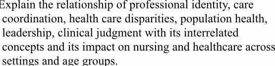 Explain the relationship of professional identity, care coordination, health care disparities, population health, leadership,