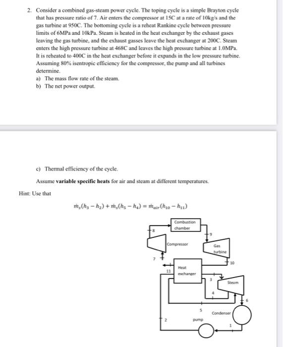Solved 2. Consider a combined gas-steam power cycle. The | Chegg.com