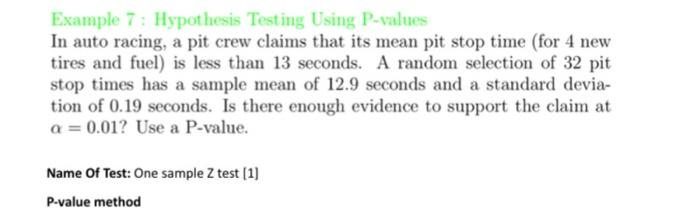 Solved Example 7: Hypothesis Testing Using P-values In auto | Chegg.com