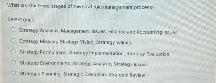 Solved What are the three stages of the strategic management | Chegg.com