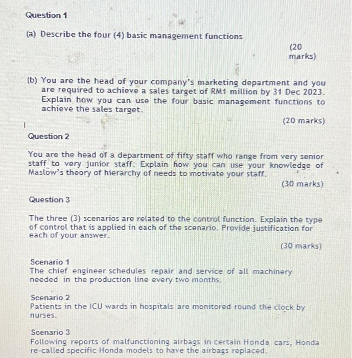 Solved Question 1 (a) Describe The Four (4) Basic Management | Chegg.com