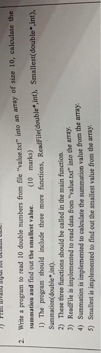 I) PFUL Livallu pul lui uoluit us. o read 10 double numbers from file value typ into an array of size 10, calculate the summ