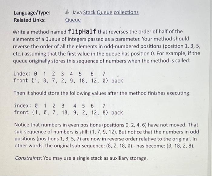 Solved Language/Type: Related Links: Java Stack Queue | Chegg.com
