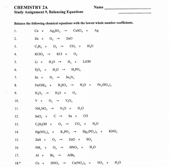 Solved Name CHEMISTRY 2A Study Assignment 9, Balancing | Chegg.com