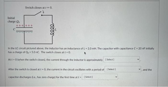 Solved Switch closes at t=0. Initial charge Qe + + + + + + 두 | Chegg.com