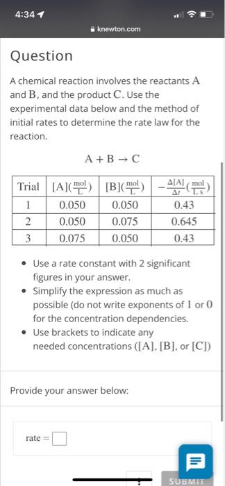 Solved A chemical reaction involves the reactants A and B, | Chegg.com