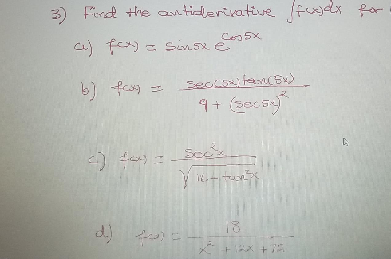 Solved 3 Find The Antiderivative Fx Dx For A Fex Sinsx 3510