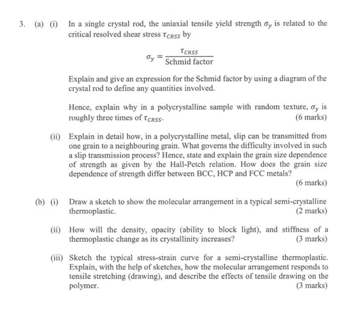 Solved (a) (i) In a single crystal rod, the uniaxial tensile | Chegg.com