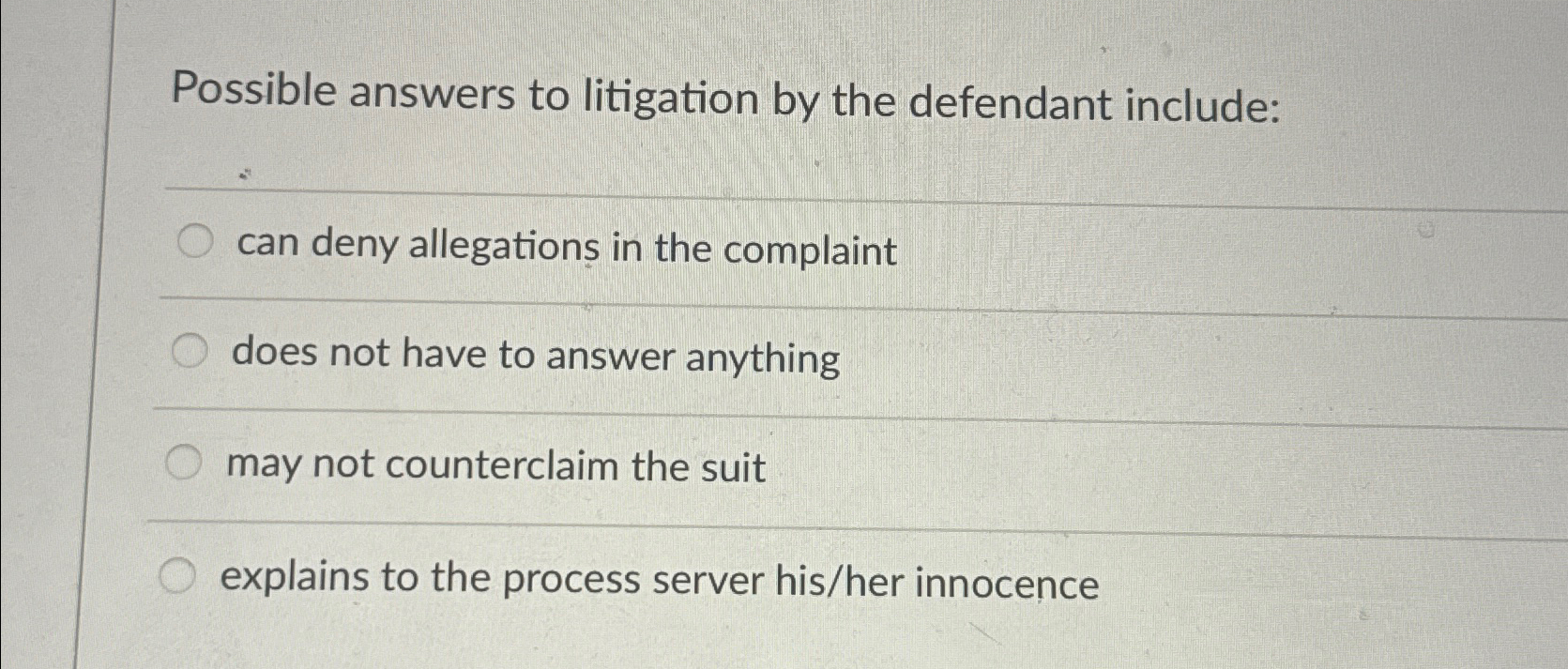 Solved Possible answers to litigation by the defendant | Chegg.com