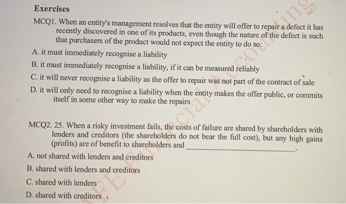 Solved Exercises MCQ1. When An Entity's Management Resolves | Chegg.com