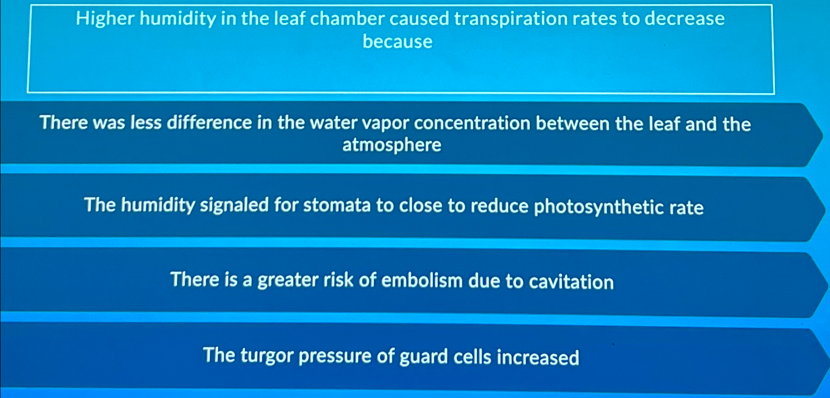 Solved Higher humidity in the leaf chamber caused | Chegg.com