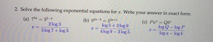 Solved 2. Solve the following exponential equations for . | Chegg.com