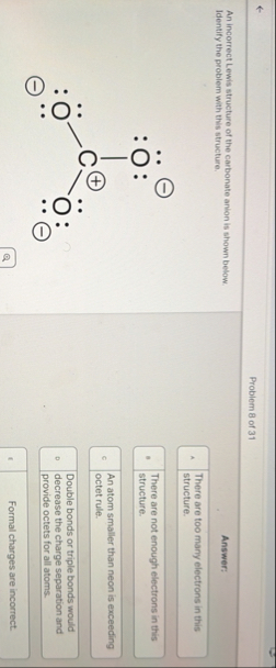Solved Problem 8 ﻿of 31An incorrect Lewis structure of the | Chegg.com