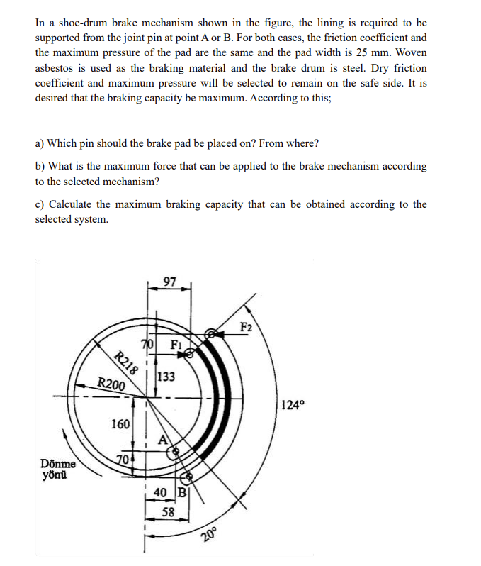 Solved In a shoe-drum brake mechanism shown in the figure, | Chegg.com