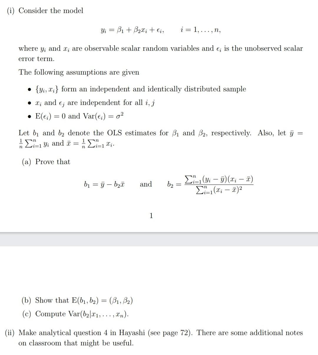 Solved (i) Consider the model Yi = B1 + B2X; + Eis i= | Chegg.com