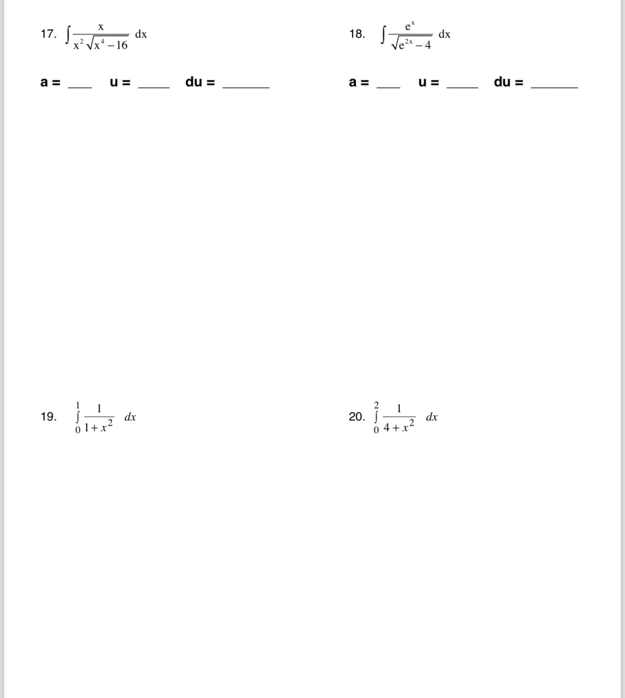 Solved ∫﻿﻿xx2x4 162dx∫﻿﻿exe2x 42dxa U Du A U Du ∫0111 X2