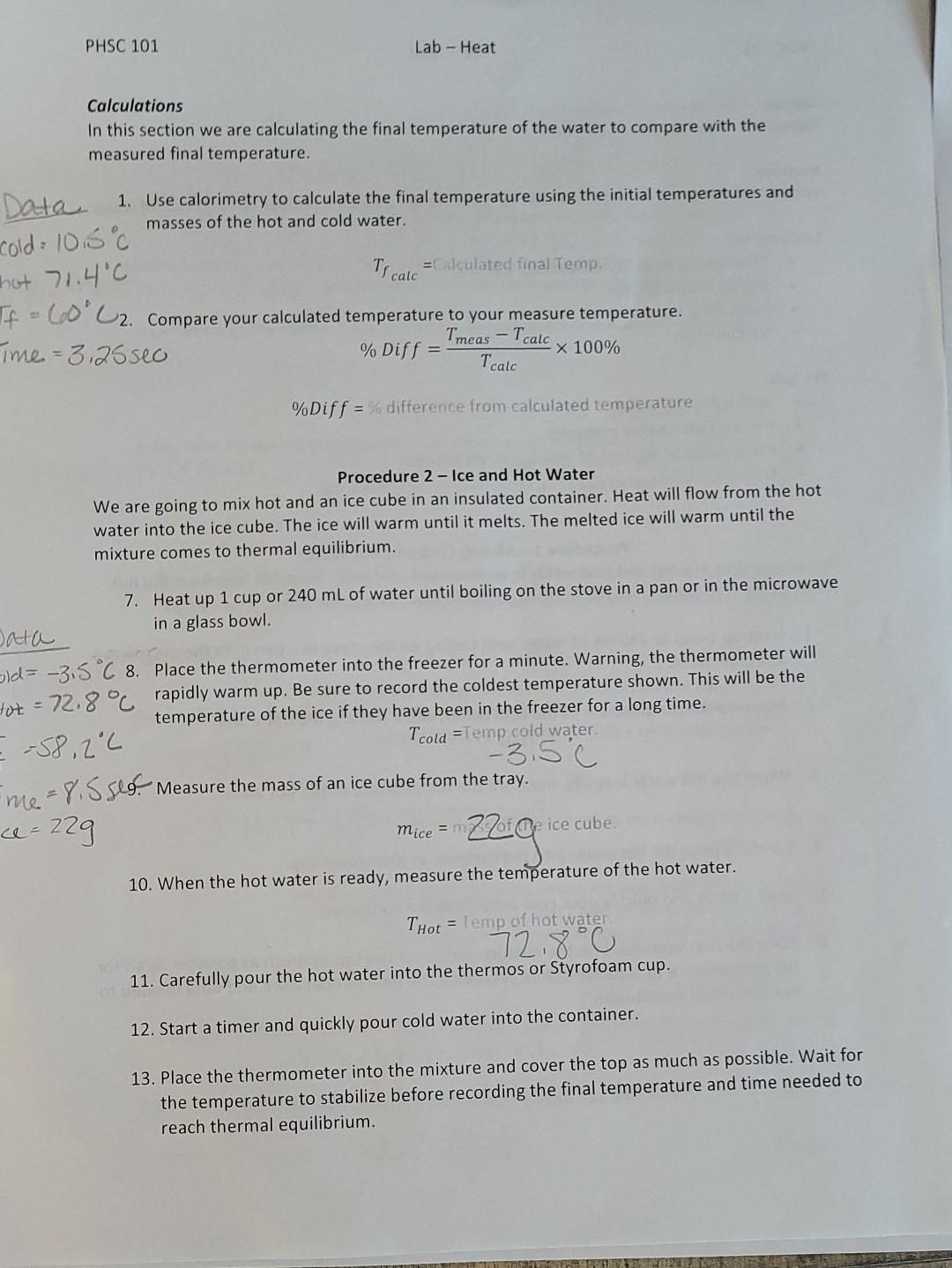 Solved PHSC 101 Lab - Heat Calculations In this section we | Chegg.com