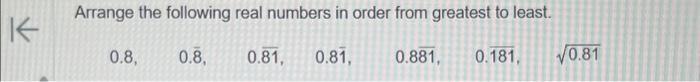 Solved Arrange the following real numbers in order from | Chegg.com