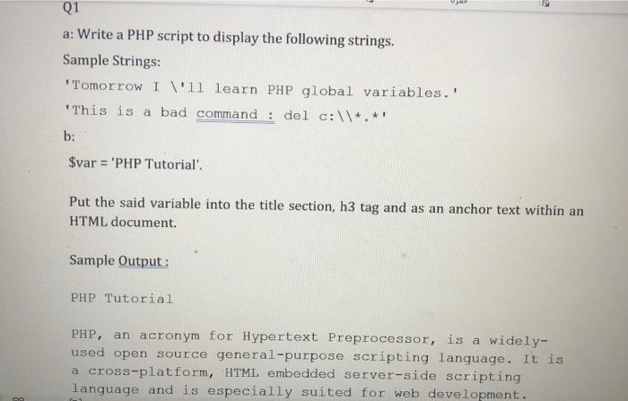 Solved a: Write a PHP script to display the following | Chegg.com