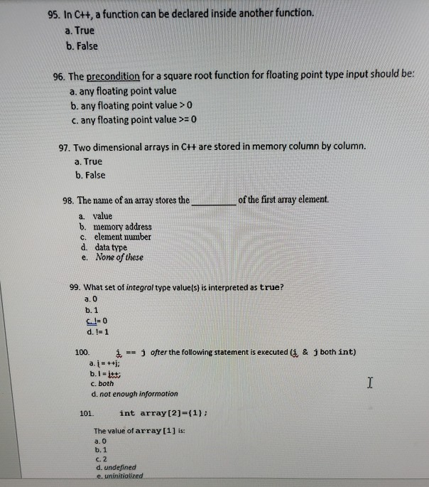 Solved 95. In C++, a function can be declared inside another | Chegg.com