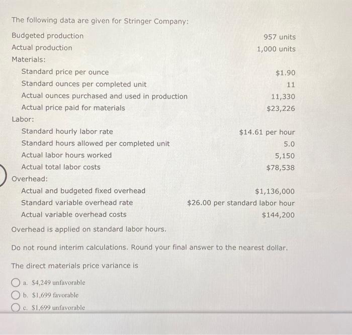 Solved The following data are given for Stringer Company: | Chegg.com