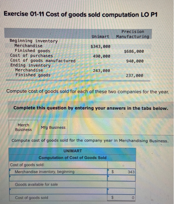 Solved Exercise 01-11 Cost Of Goods Sold Computation LO P1 | Chegg.com