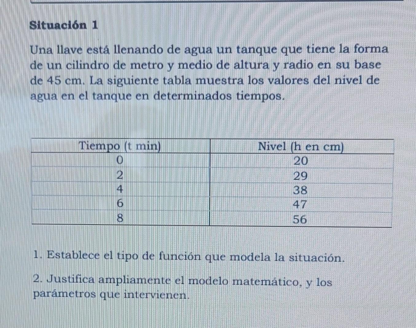 Una llave está llenando de agua un tanque que tiene la forma de un cilindro de metro y medio de altura y radio en su base de