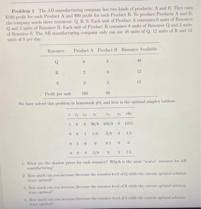 Solved Problem 1 The AB Manufacturing Company Has Two Kinds | Chegg.com