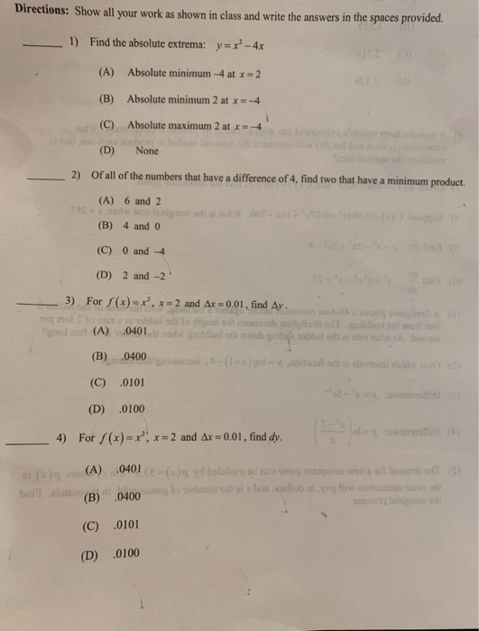 Solved Directions: Show All Your Work As Shown In Class And | Chegg.com