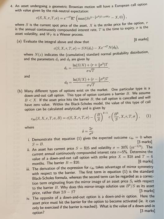 4. An asset undergoing a geometric Brownian motion | Chegg.com