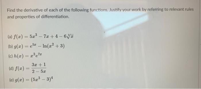 Solved Find the derivative of each of the following | Chegg.com