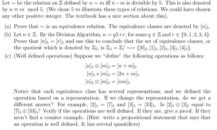 Solved Let ∼ be the relation on Z defined by n∼m iff n−m is | Chegg.com