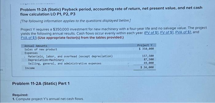 Solved Problem 11-2A (Static) Payback period, accounting | Chegg.com