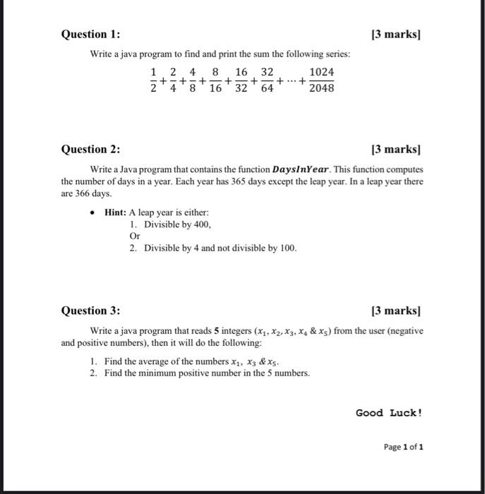 Solved [3 marks) Question 1: Write a java program to find | Chegg.com