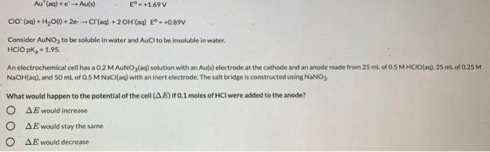 Au Aq E Au S E 1 69v Cio Aq H2o L Chegg Com