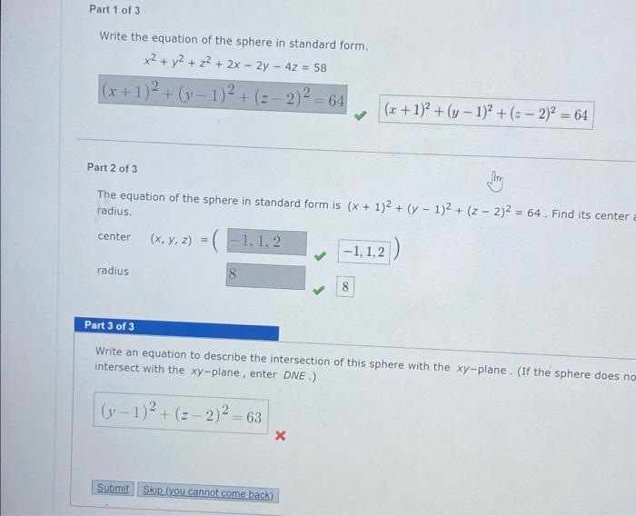 Solved Part 1 of 3 Write the equation of the sphere in | Chegg.com