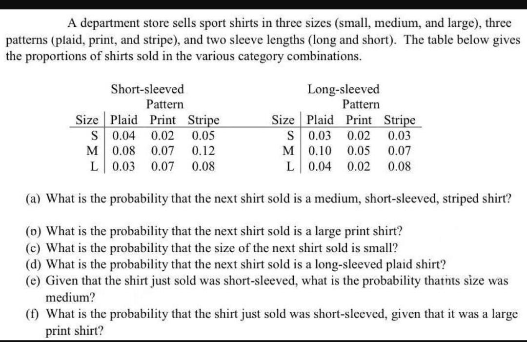 Solved A department store sells sport shirts in three sizes